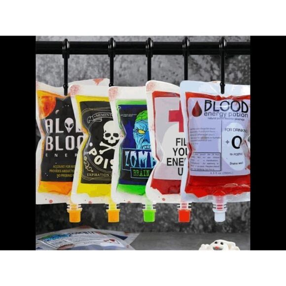 Halloween Poison Drink Flask, I.V. Bag Drink Pouch, Blood Bag Drink Cups + Label - Picture 5 of 5
